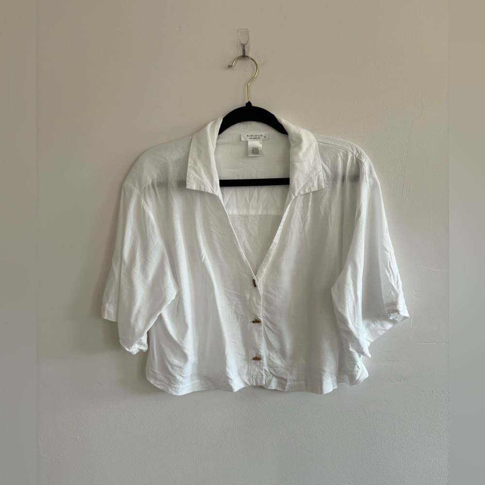 Kirious XL White Cropped Linen Button Up Blouse